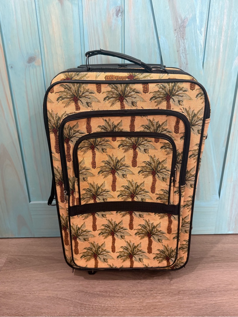 Vintage 60’s Carry On Suitcase on Wheels w/Tropical Palm Tree Pattern
